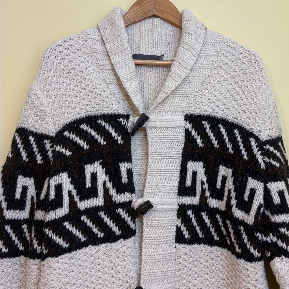 Vince | Cream Black Chunky Knit Shawl Fisherman Grandpa Wool Blend Cardigan L - Picture 4 of 17